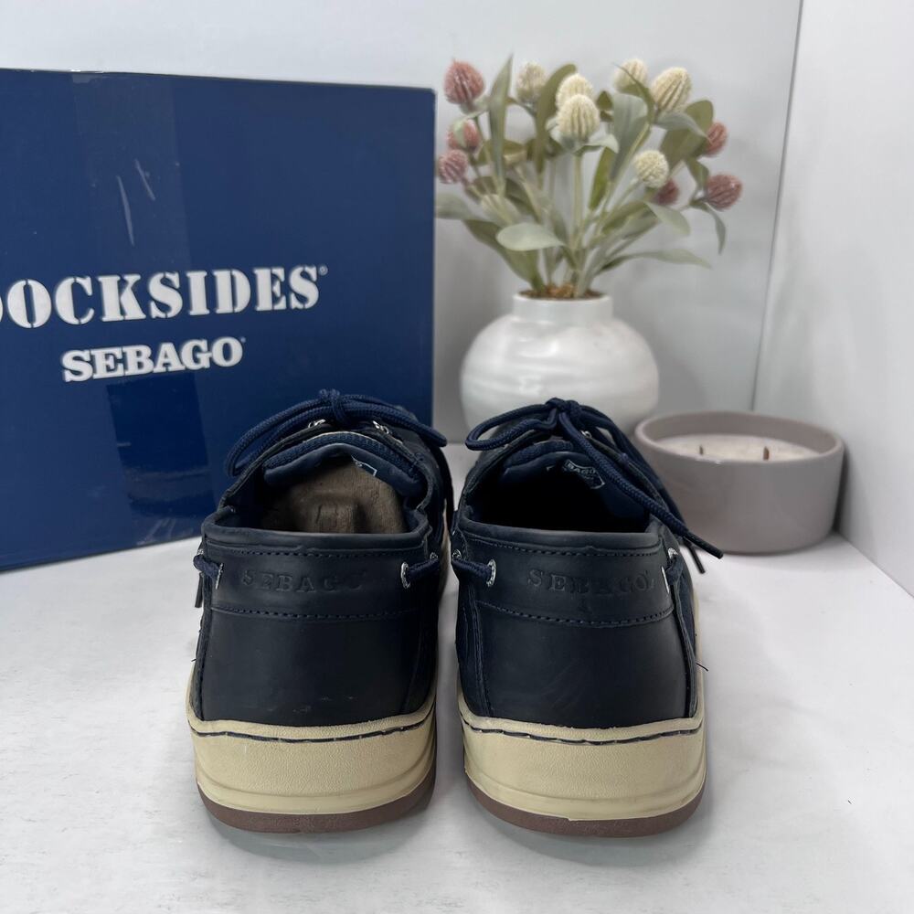 Sebago Docksides Leather Upper Boat Shoes Lace Up Navy Blue Men's 13R Tried On - Picture 6 of 10